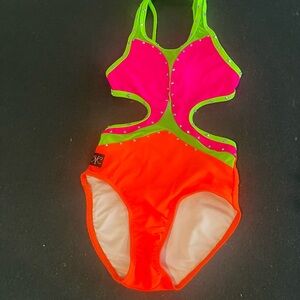 Neon Pink & Orange Kids Dance Costume One-Piece with Lime Trim